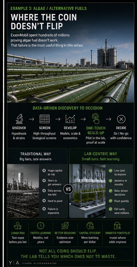 Infographic, algae example: where the coin does not flip. A lab-centric approach of small bets and fast learning beats big-capital bets on commodity algae fuel; not every coin should flip.